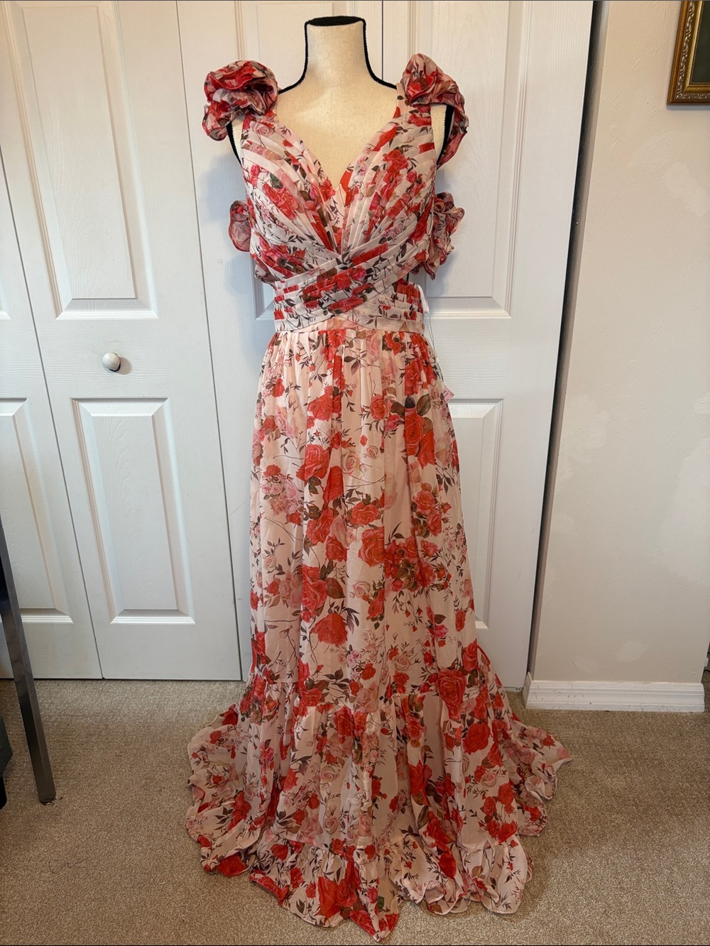 NWT Floral Maxi Dress with Voluminous Ruffled Sleeves & Lace-Up Back – Size 8.